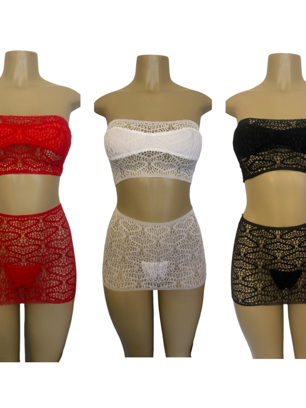 Lace Bandeau Bralette & High-Waist Lace Skirt Set - with matching thong bikini
